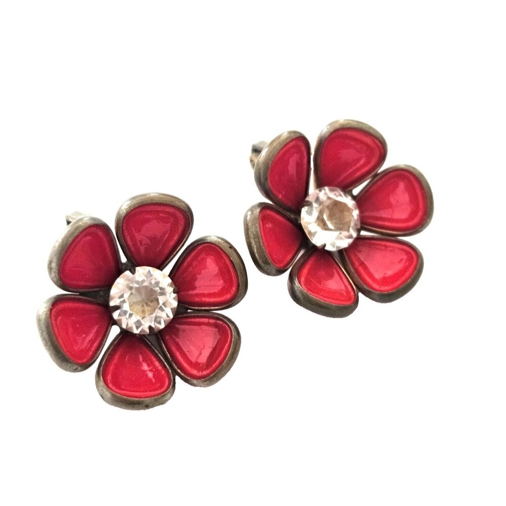 Vintage 1930s Czech Glass Deep Red Flower Clip Earrings Rare Articulated Backs